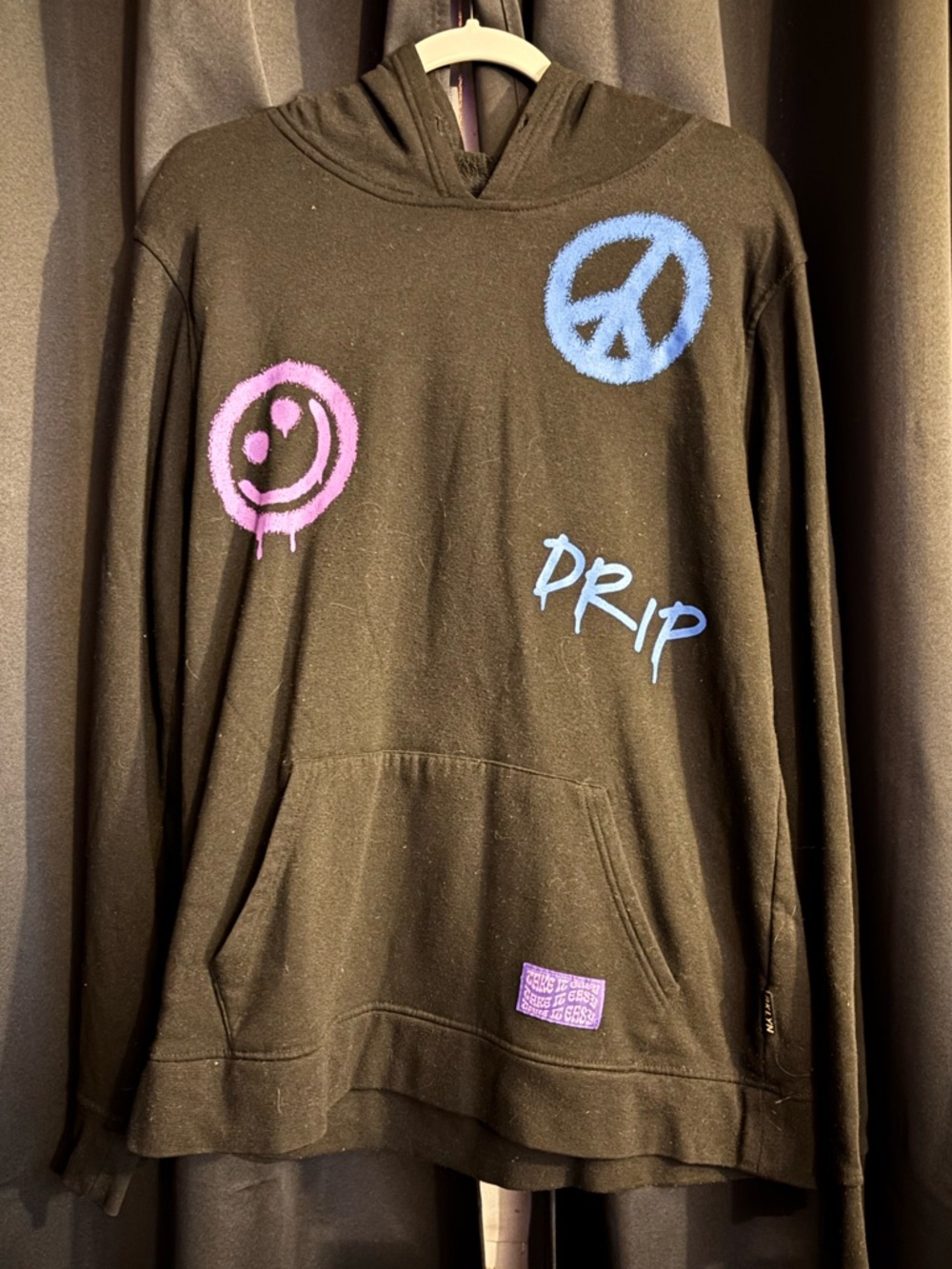 Brooklyn Cloth Black Hoodie with Blue Peace Sign & Purple Smiley